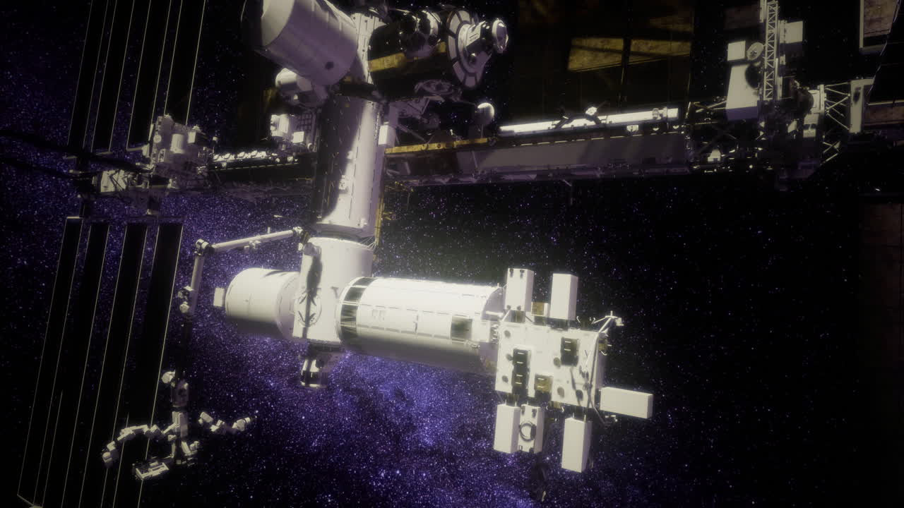 Space station orbiting earth with a backdrop of stars and galaxies