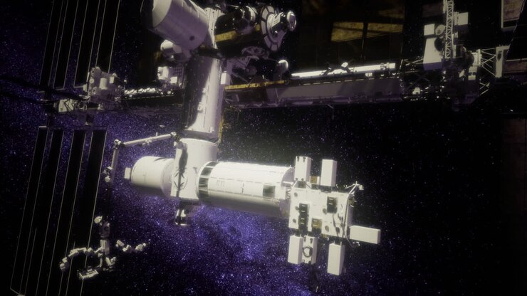 Space station orbiting earth with a backdrop of stars and galaxies
