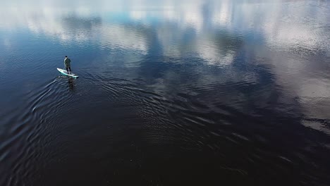 man paddleboarding on a calm lake with reflections