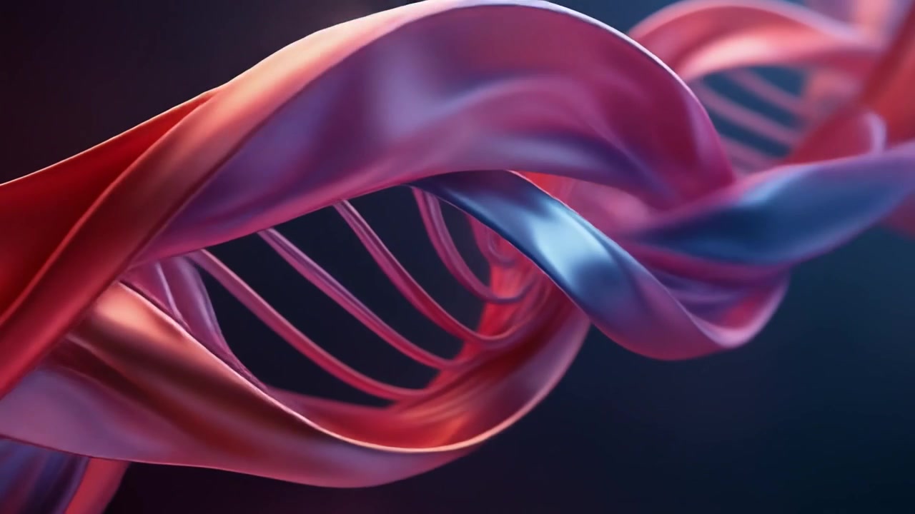 Abstraktní 3D animace tekoucích růžových a modrých kovových stuh