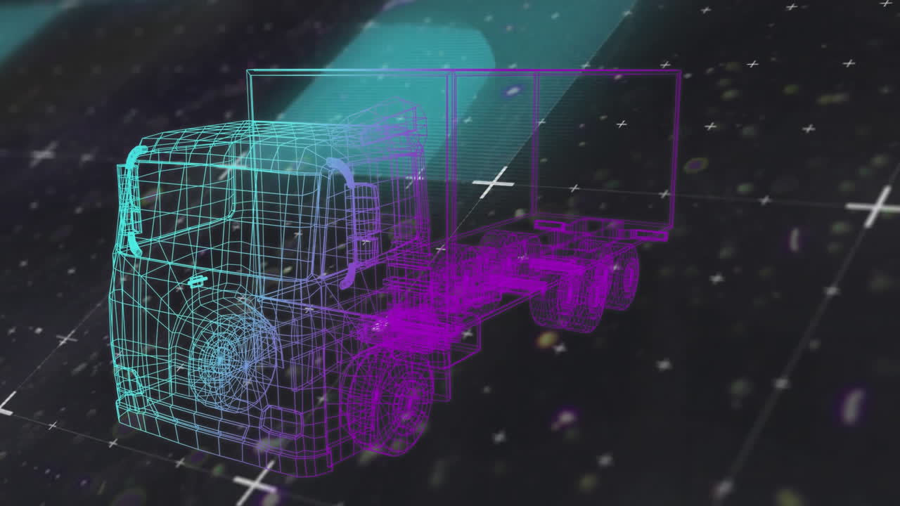 검은색 배경의 마커 위에 녹색과 보라색으로 회전하는 3d 트럭 그림의 애니메이션