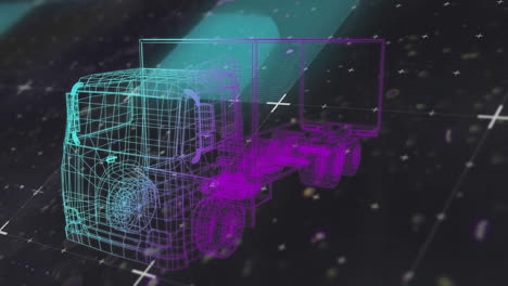 animación de dibujo de camión 3d en verde y púrpura girando sobre marcadores en fondo negro