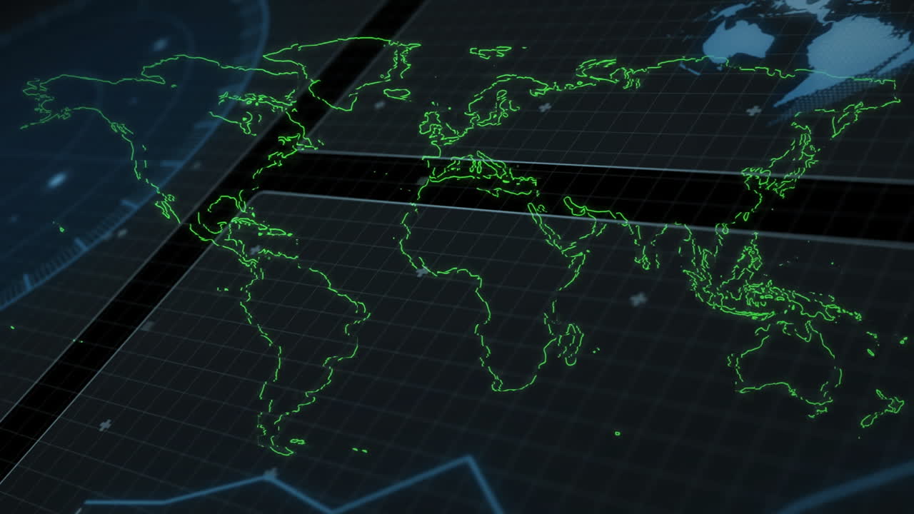 Animation of digital world map with green outlines on grid background, futuristic theme