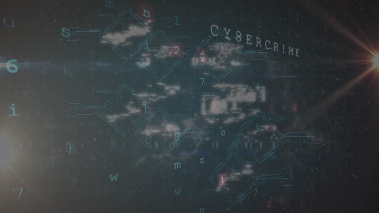 Animation of network of media icons with security warning messages on dark background