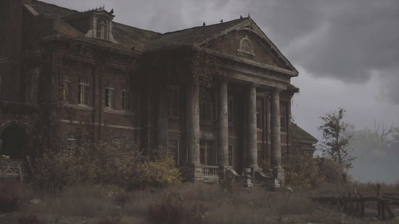 Abandoned historical mansion surrounded by overgrown vegetation during twilight