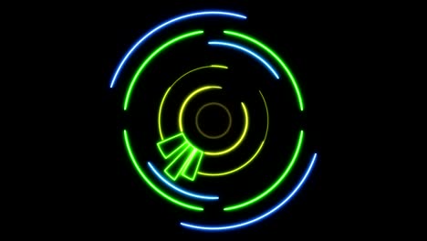 rotating and flickering rings and lines of different colors on a black background