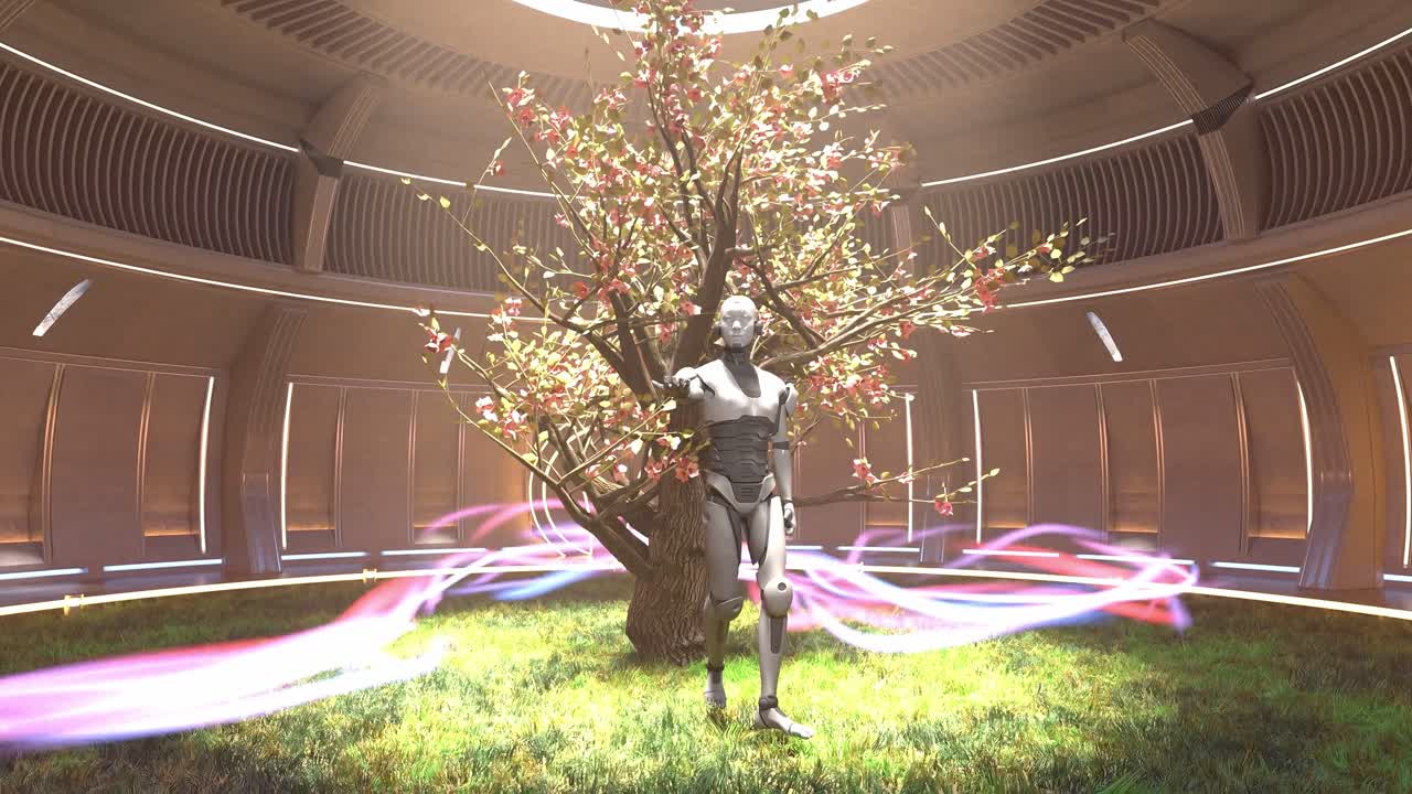 inteligencia artificial madre tierra conexión con el antiguo flujo de energía prototipo de robot conciencia cyborg renderización 3d