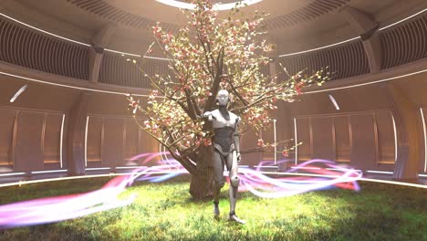 inteligencia artificial madre tierra conexión con el antiguo flujo de energía prototipo de robot conciencia cyborg renderización 3d