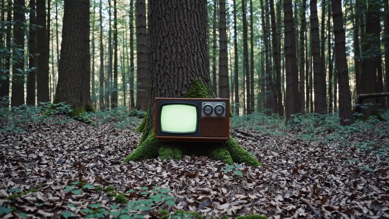 Vintage television set nestled against a tree trunk in a serene forest, surrounded by fallen leaves and lush greenery, creating a unique juxtaposition of nature and technology