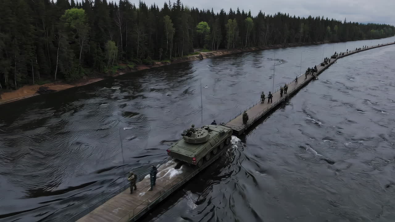 Military Vehicles Crossing a River on a Pontoon Bridge