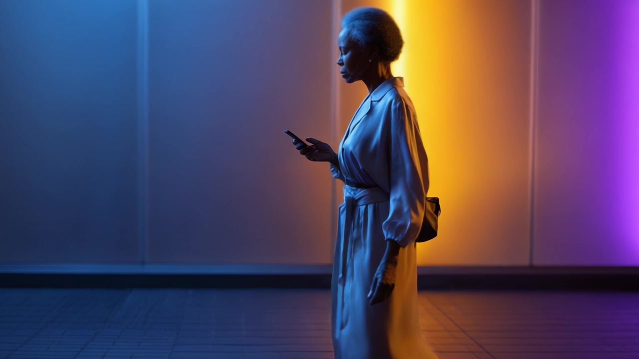 Una donna in vestaglia di seta cammina con sicurezza attraverso un corridoio illuminato delicatamente, illuminato da luci colorate, con uno smartphone in mano, incarnando l'eleganza urbana.