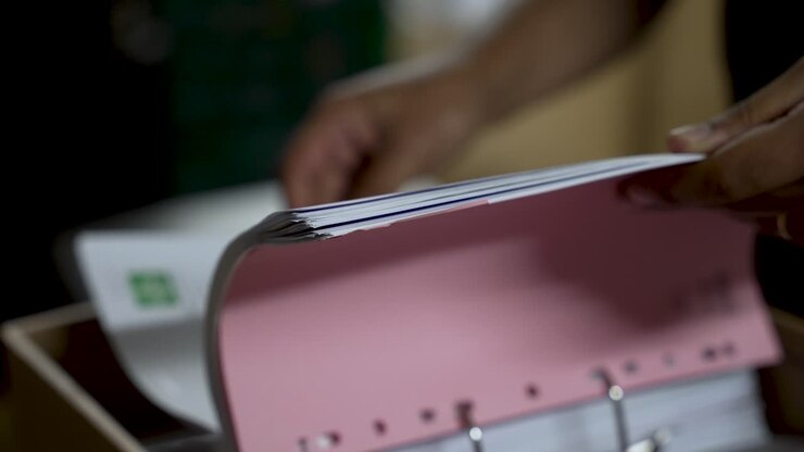 Primo piano di mani che smistano e organizzano documenti in una cartella ad anelli rosa, raffigurando lavoro d'ufficio, gestione della documentazione e organizzazione.