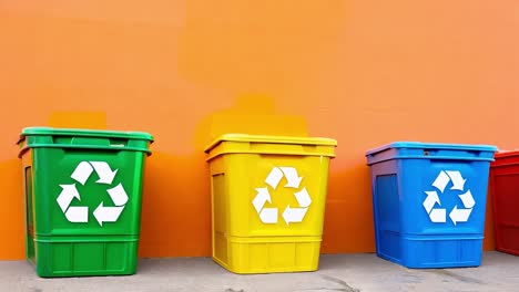 contenedores de reciclaje coloridos contra la pared naranja