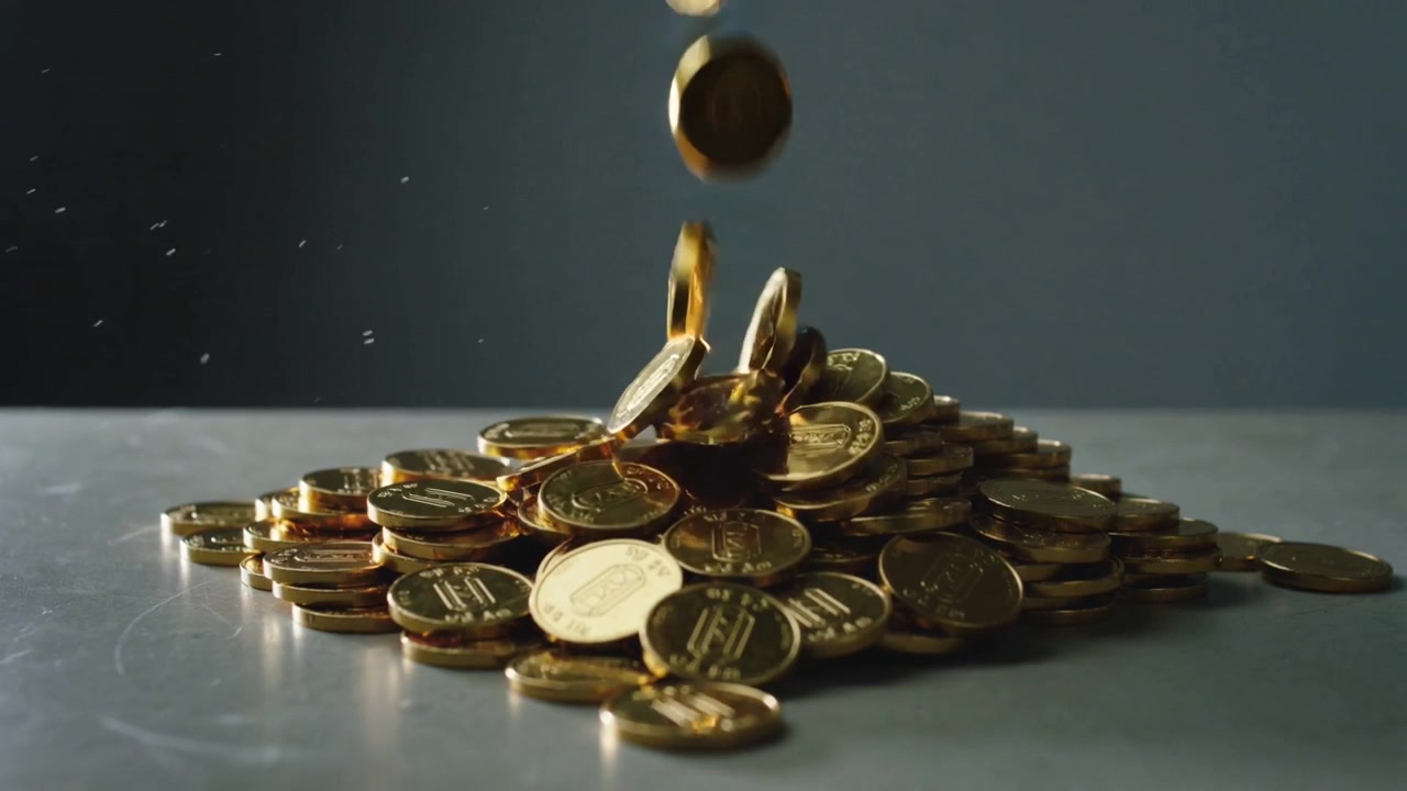 Releasing gold-colored coins from above striking central pile on tabletop, scattering tiny specks