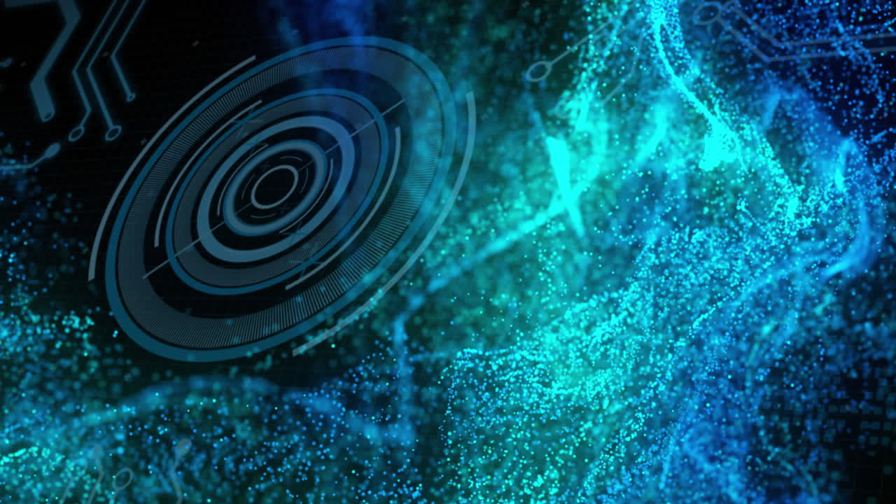 Animation of glowing blue digital wave over round scanner and microprocessor connections