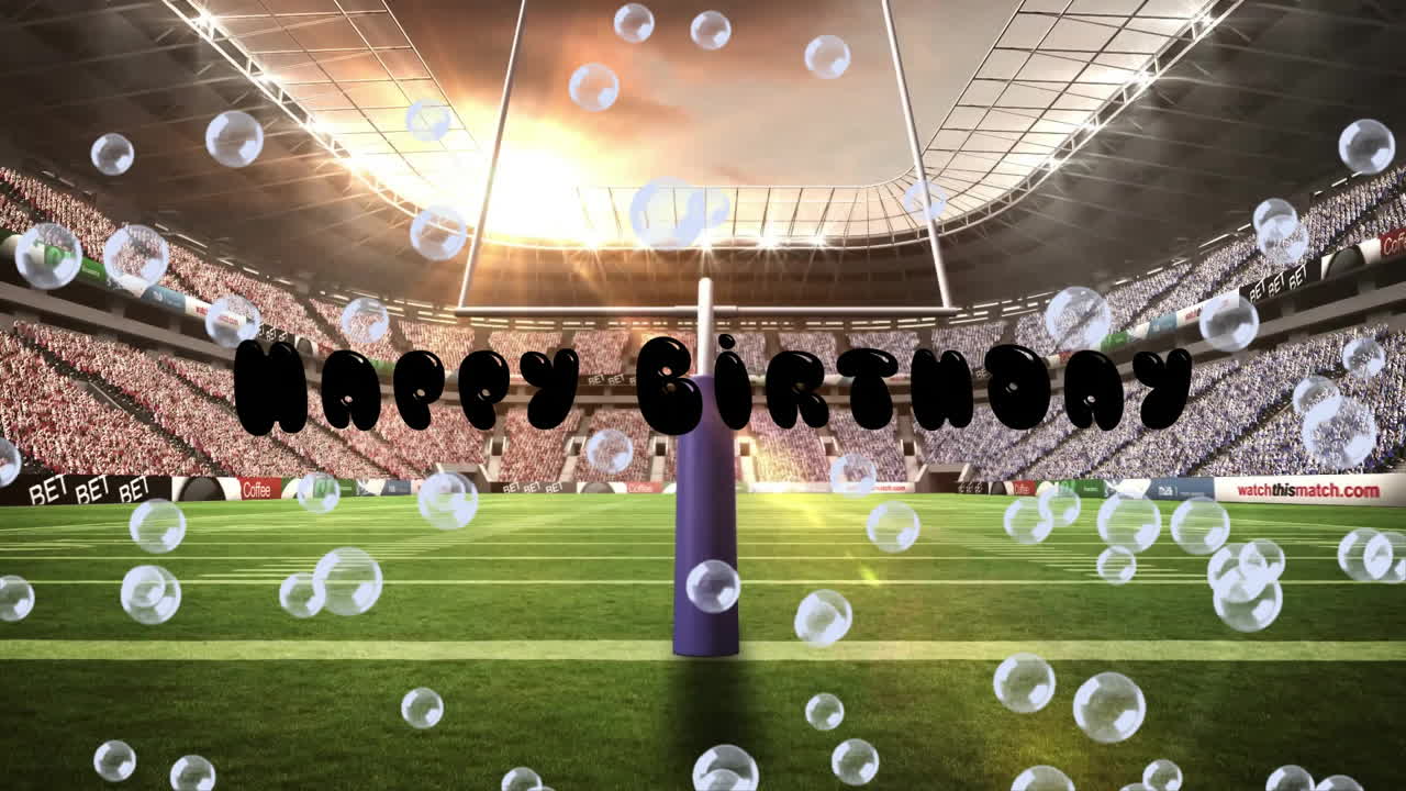Animation of Happy Birthday text with bubbles over football stadium background