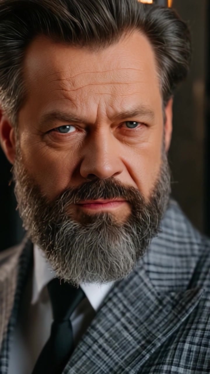A distinguished man with a well-groomed beard and stylish gray suit staring confidently at the camera, exuding charm and sophistication in a classic setting.