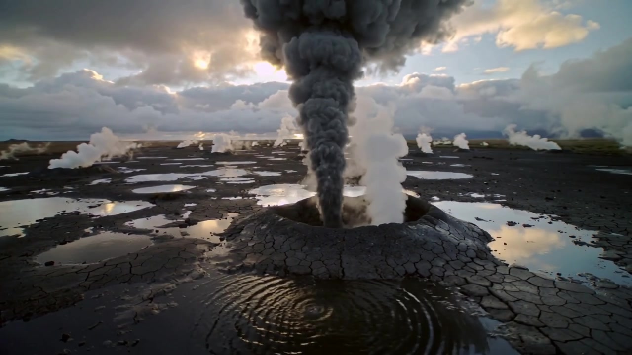 Sfiato di fango centrale in eruzione che bolle gas ed emette fumo scuro e contorto su una pianura calda