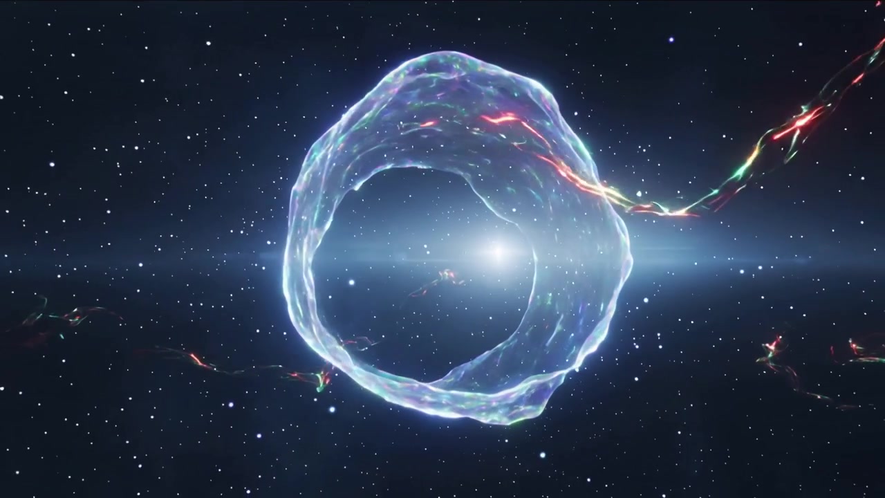 Morphing plasma halo thinning shell hollowing in deep space around bright core, filament wrapping