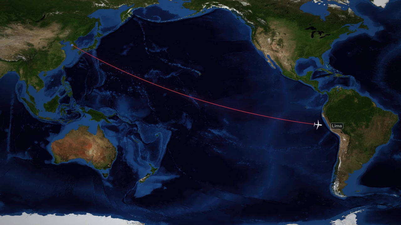 Satellite world map animation follows a commercial airplane flying from Seoul to Lima, Peru