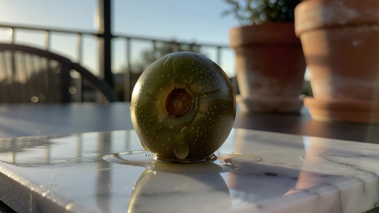 Sunlight heating green olive with pitted end, releasing oil droplet on balcony marble slab