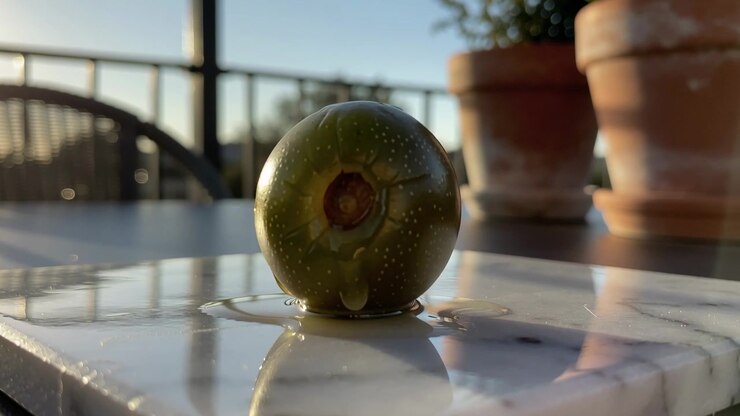 Sunlight heating green olive with pitted end, releasing oil droplet on balcony marble slab