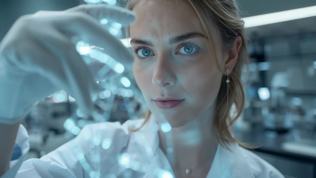 Holding gloved hand, scientist in lab coat examining lit spiral glass at bench studying reflections