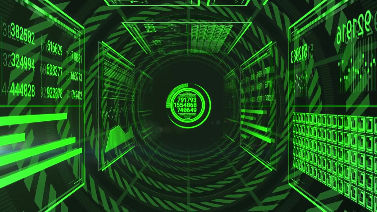 Animation of data processing over shapes on black background