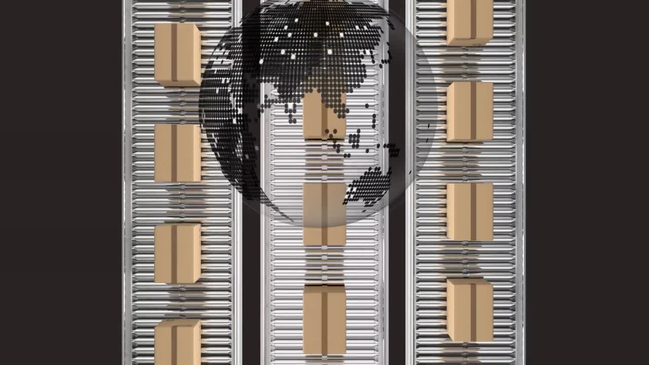 animación del globo sobre cintas transportadoras con cajas