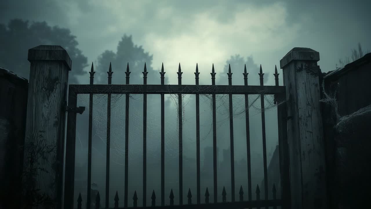Holding shot on wrought iron gate with spiderwebs swaying in foggy entrance to wooded estate