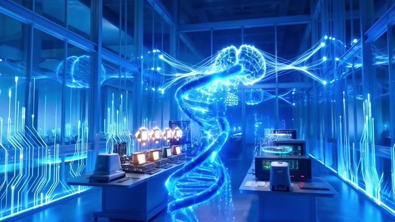 Futuristic Laboratory with Holographic Brain and DNA Strand Visualization