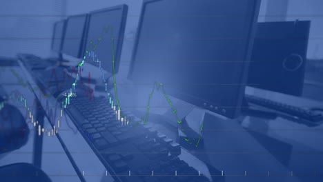 Animation-of-financial-data-processing-against-computers-on-office-desks