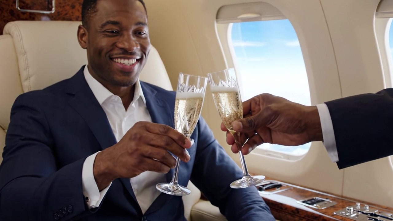 Un uomo d'affari di successo festeggia con champagne su un jet privato di lusso, godendosi un'esperienza esclusiva tra nuvole e cielo