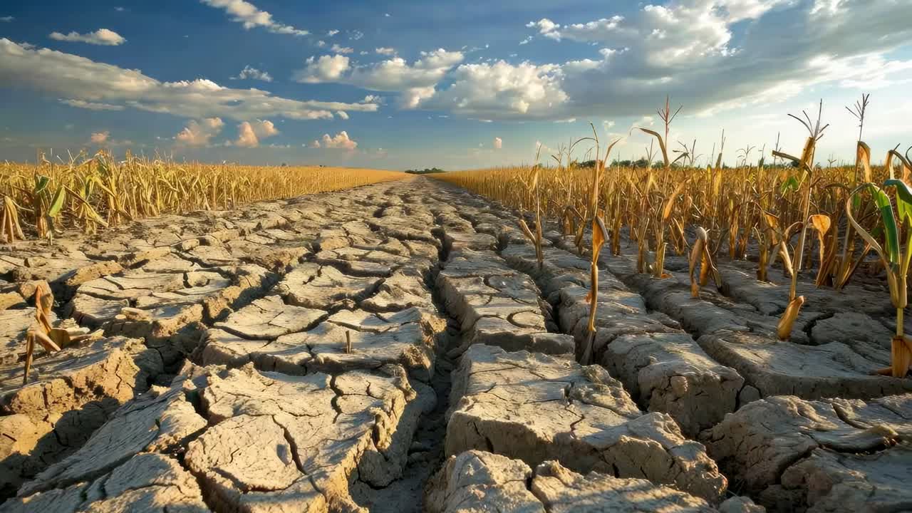 Aerial video captures a cracked, dry field under a vibrant sky, illustrating drought