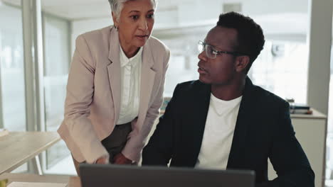 business woman, man and laptop with mentor