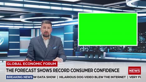 tv talk show live news program: anchorman presenter reporting, uses green screen template. television cable channel anchorman host talks. network broadcast newsroom studio mockup playback