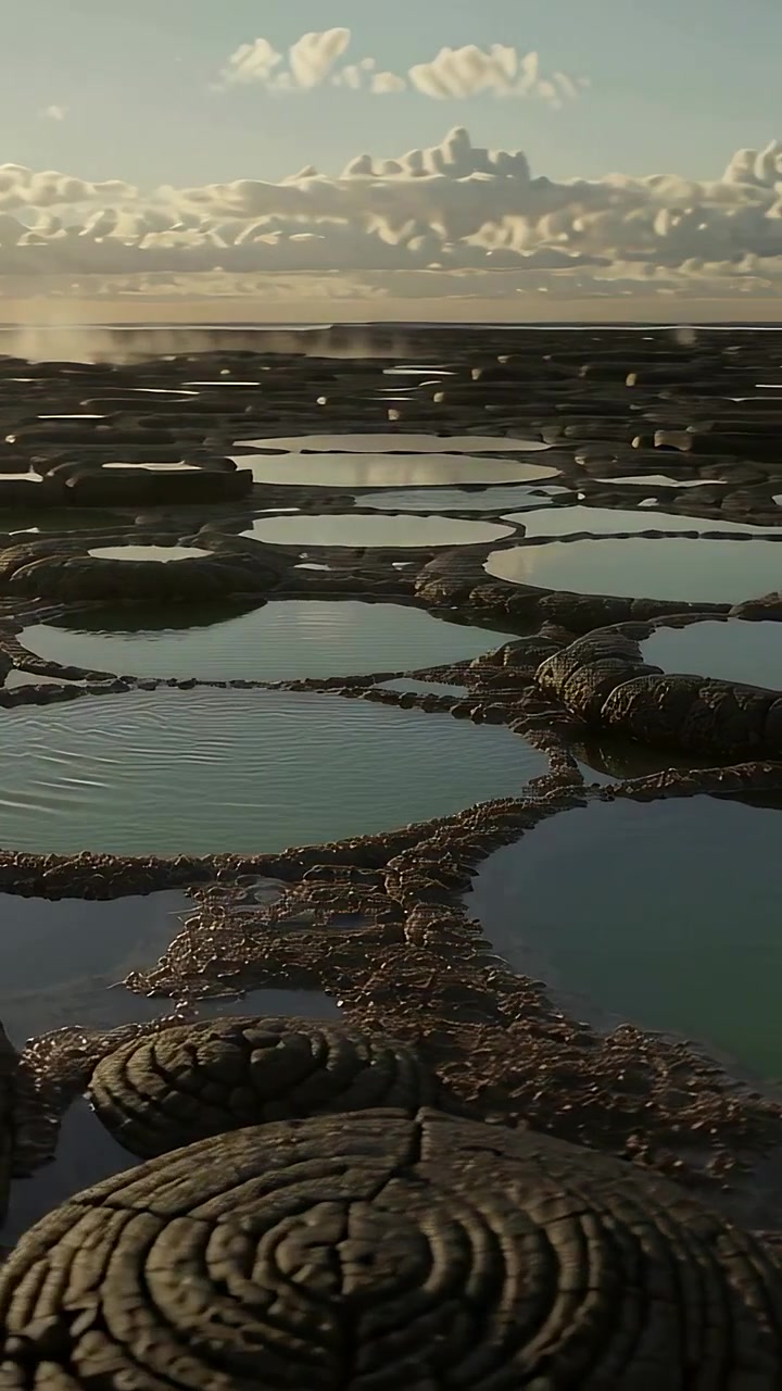 Vertical video: Pulling back camera revealing tide pools with coiled rims at shore, sun glinting