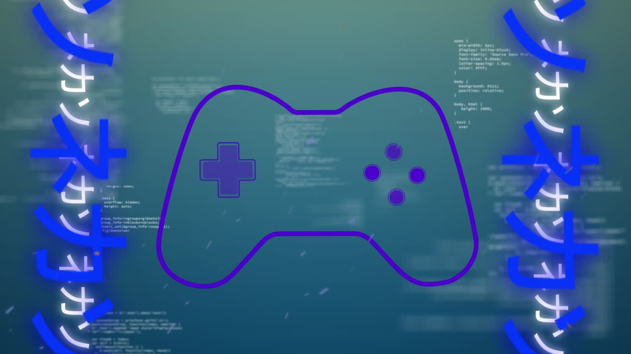 Animation of gaming console over japanese language against computer language on blue background