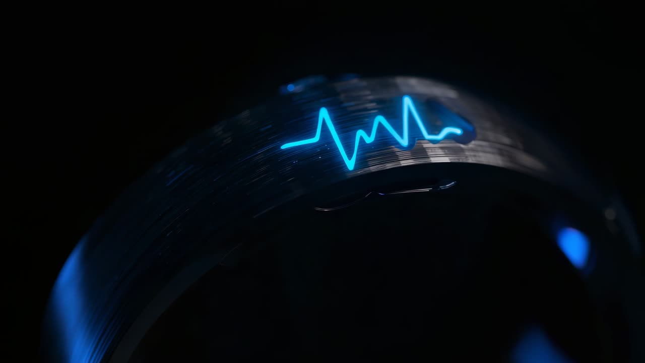 Panoramica della camera che rivela un braccialetto di metallo che ruota in uno studio buio, visualizzando una forma d'onda ECG blu neon
