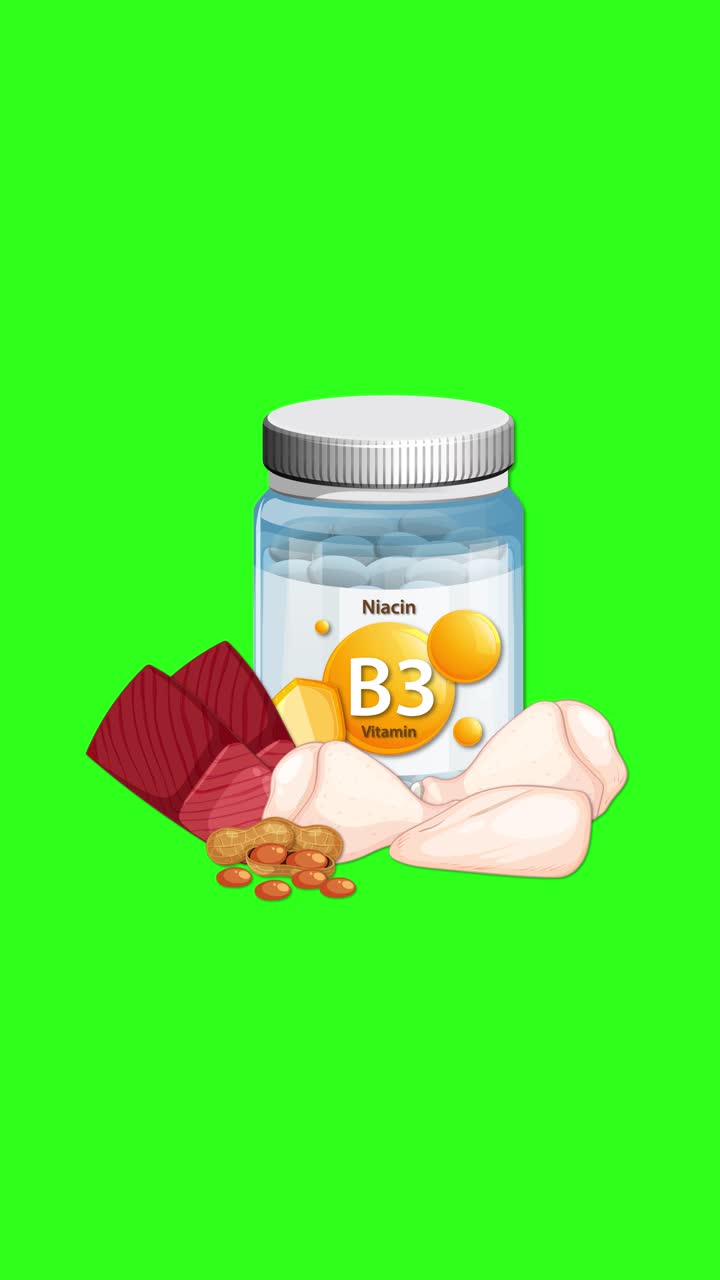Botol Vitamin B3 muncul dengan ilustrasi sumber makanan di latar belakang hijau cerah, transisi zoom mulus.
