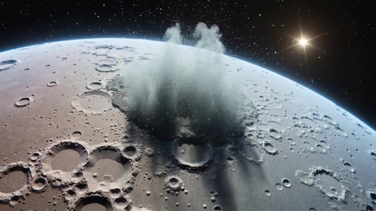Cratere lunare centrale che espelle un'imponente colonna di polvere e detriti dall'orbita dopo l'impatto.