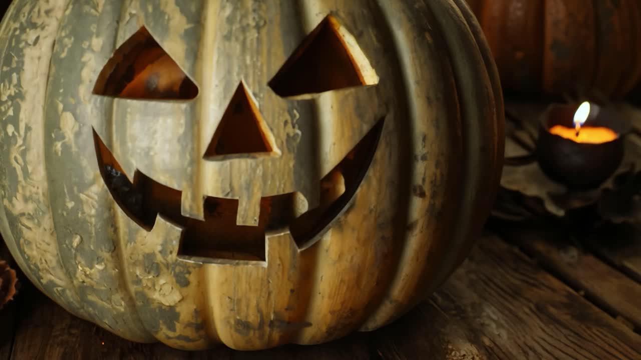 jack-o'-lanterna espeluznante con una vela