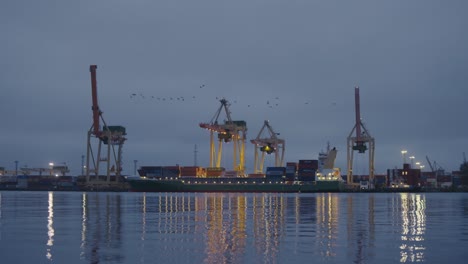 soft sunrise reflections shimmer across calm riga harbor as cranes stand tall