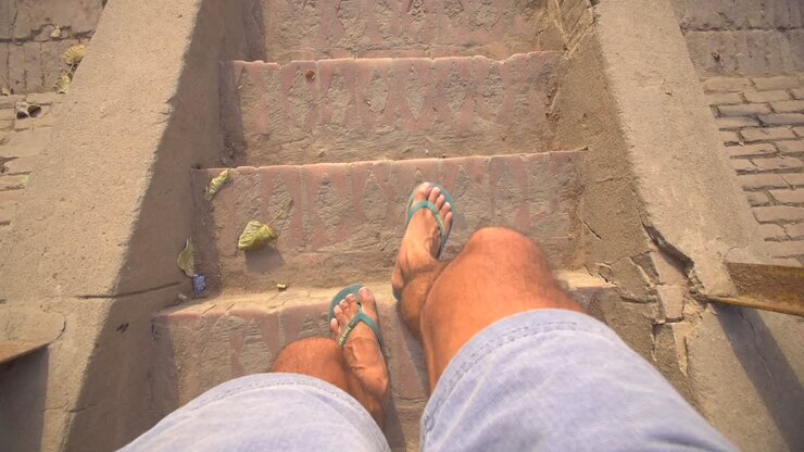 POV Shot of Feet Walking Down Some Steps