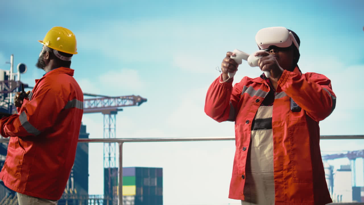 Vertical video Drilling rig operator tracking oil production efficiency with VR goggles