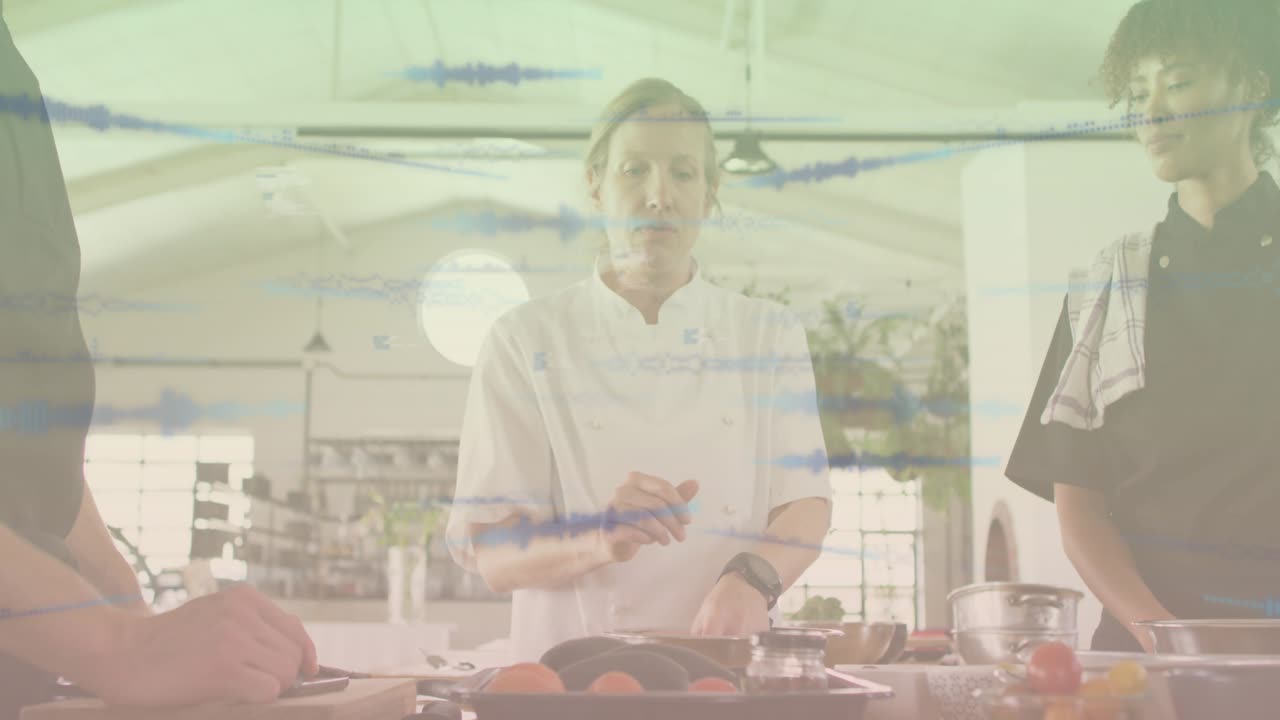 Chef greeting team, cracking eggs and cooking omelette with animated steps guiding technique