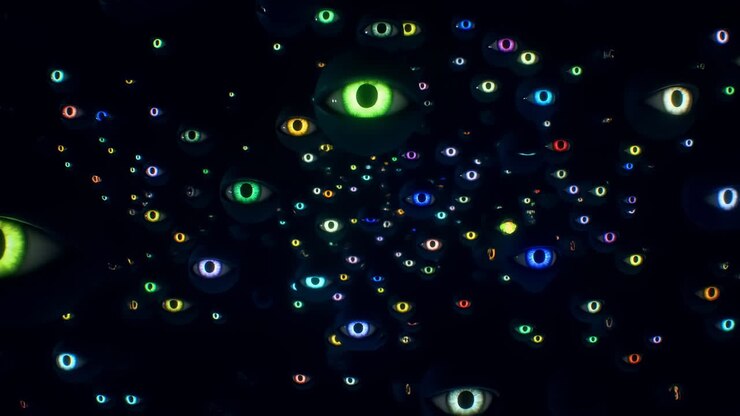 Colorful Glowing Eyes Drifting Through Dark, Cinematic Neon Bokeh, Hypnotic Motion And Scattered Luminous Orbs
