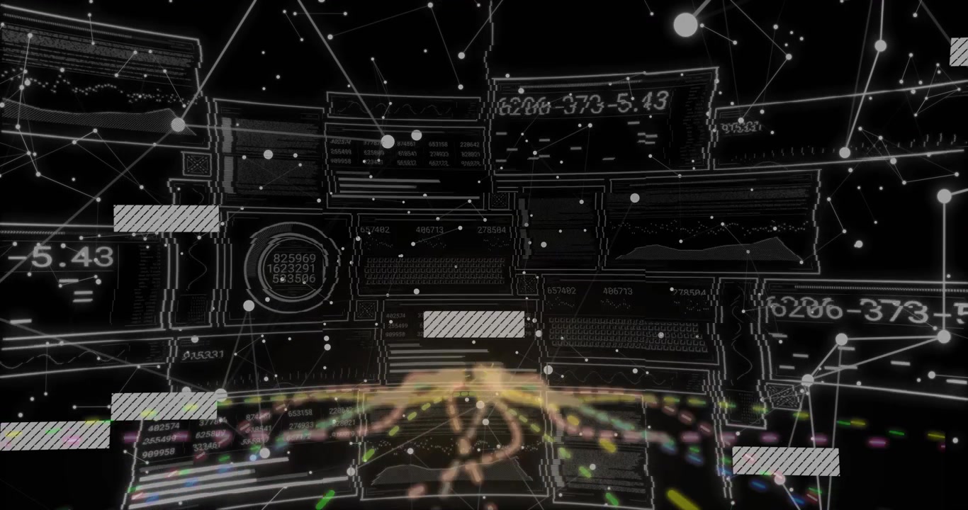 Hub emitting streams forming network overlays sliding flickering codes fading to restore network