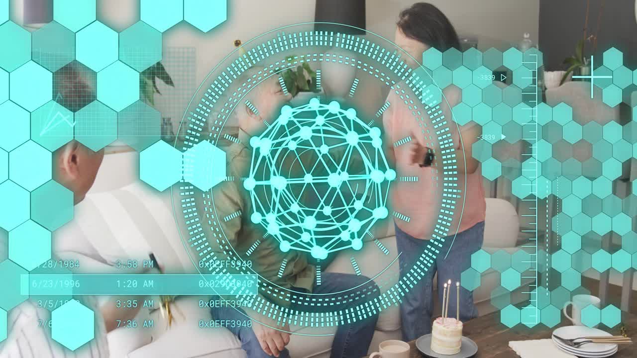 Three family gathering while bringing cake to table, teal HUD overlay highlighting birthday candles