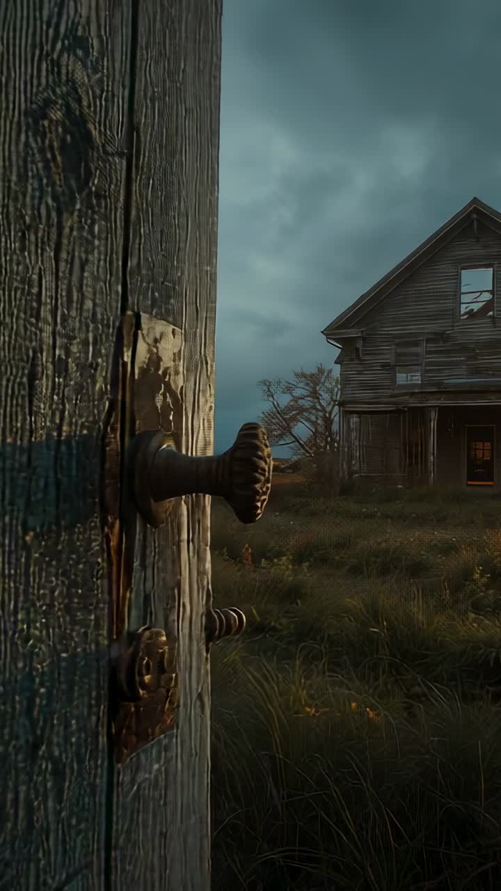 Vertical video: Rotating doorknob turning door open at dusk revealing grassland, sky and farmhouse